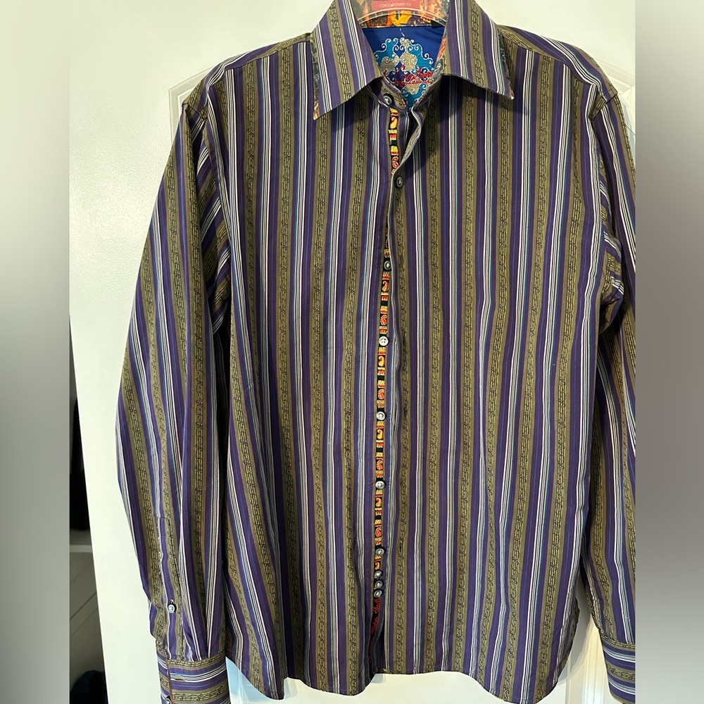 Robert Graham Men’s Long Sleeve Button Up patterned stripes medium green